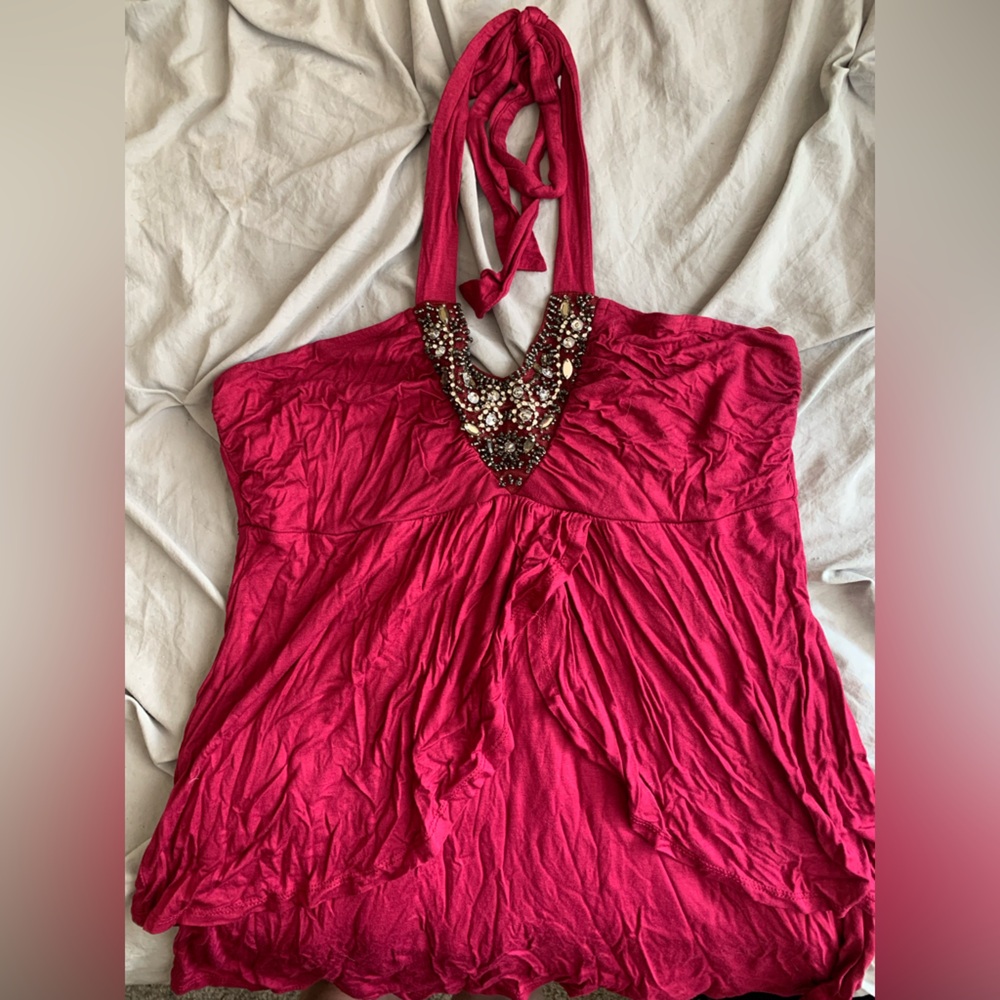 Vintage Wet Seal Red Y2K Halter Neck Top Bedazzled Neckline Gemstones Flowy Top